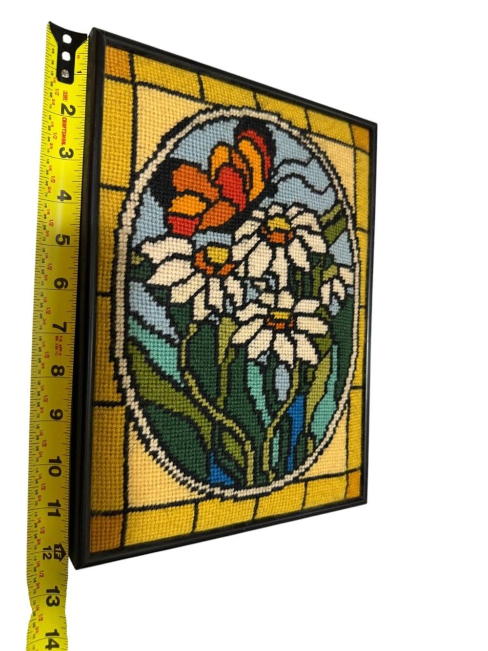 Framed Floral Needlepoint Wall Art Sunset Designs Stained Glass Vintage 70s - Picture 5 of 11